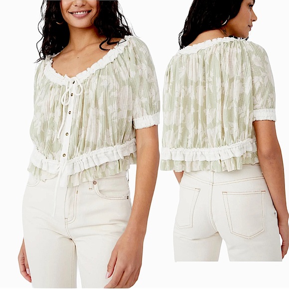 Free People Tops - Free People Perfect Day Gathered Top Neutral Combo XL Bohemian Blouse NWT